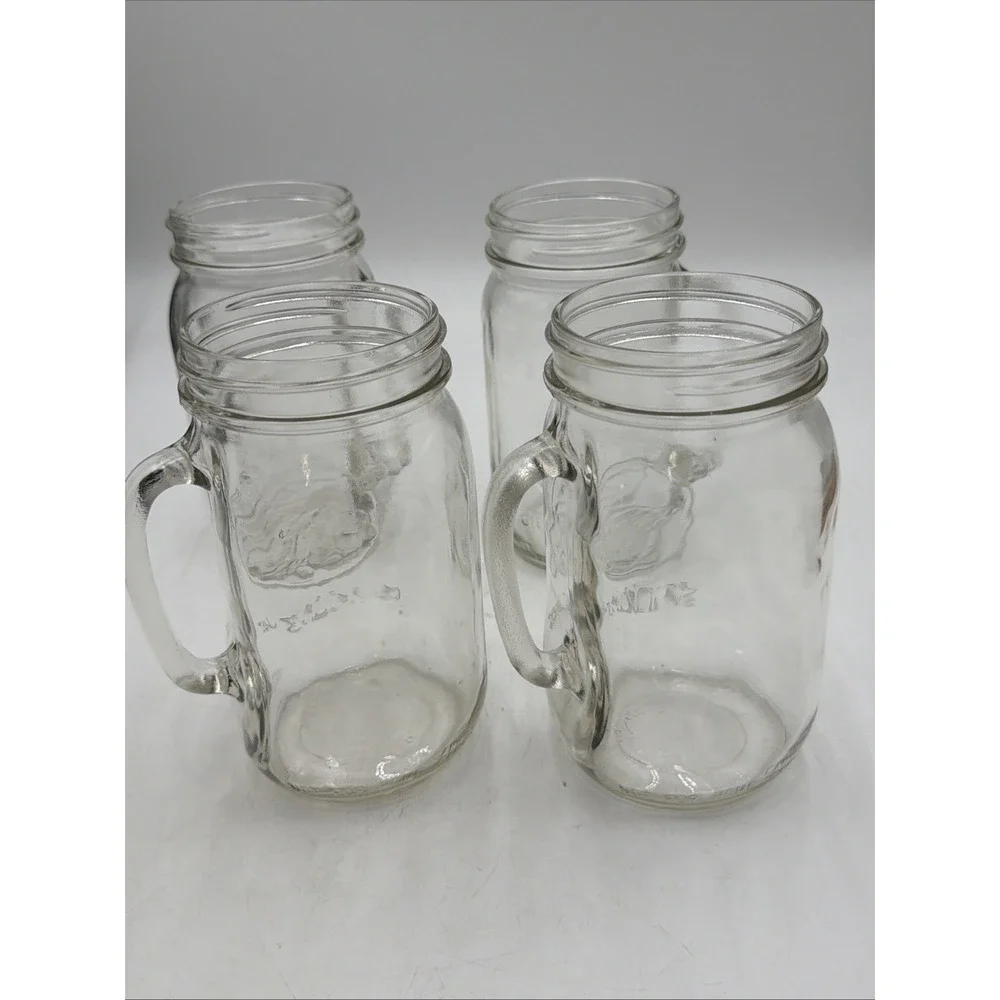 VTG Golden Harvest 32 Oz Wide Mouth Mason Drinking Jars W/Handle Set Of 4 EUC